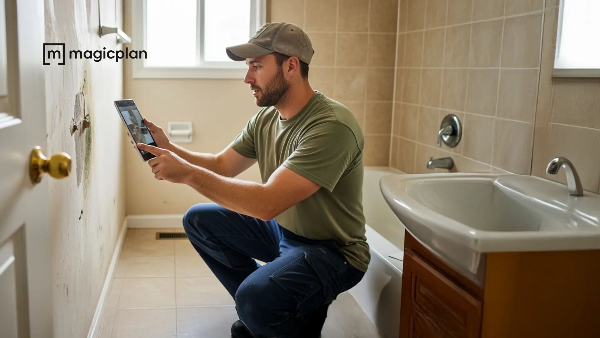 professional home restorer documenting water damages in a bathroom