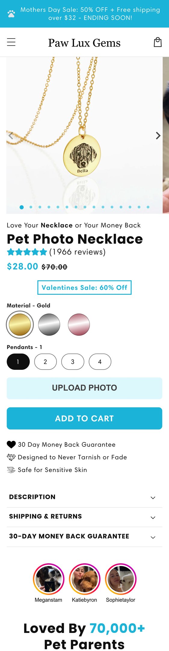 Jewelry product options include: necklace for Pet Photo Necklace from Paw Lux Gems.