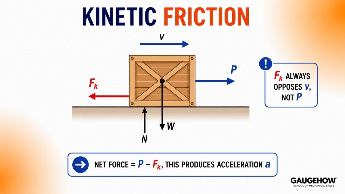 diagram of a sliding crate showing kinetic friction acting opposite to the velocity, with weight, normal reaction and applied push