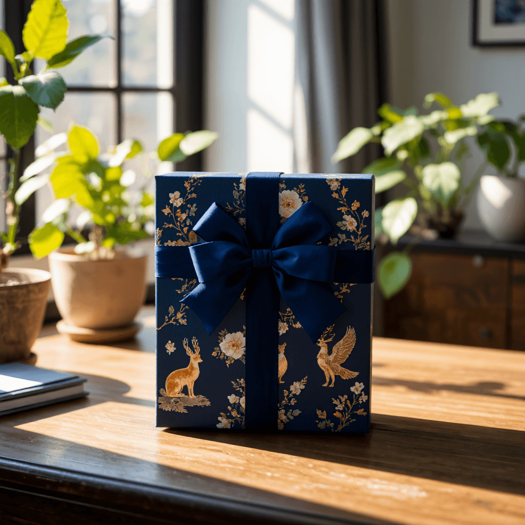 product photography of decorative gift box with a ribbon