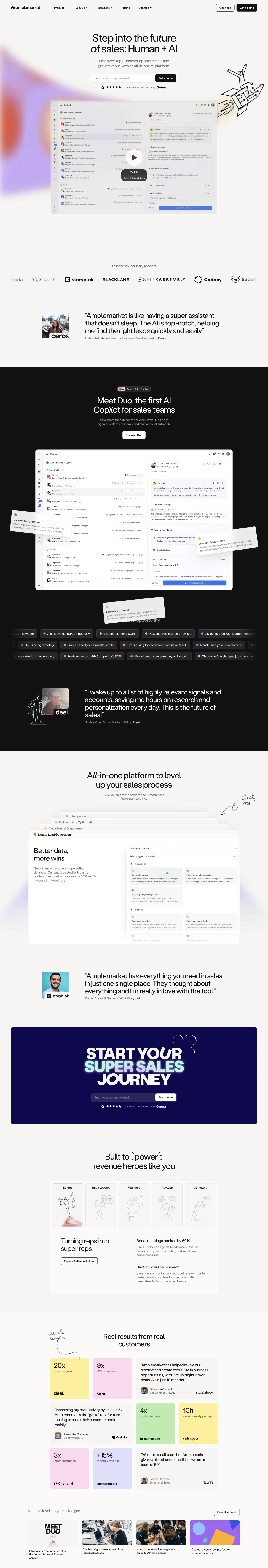 Amplemarket landing page screenshot showcasing Marketing and Tech design
