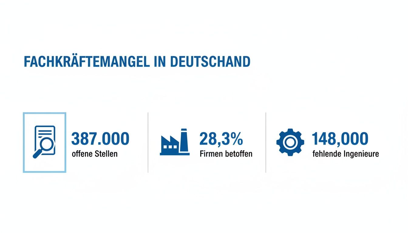 Infografik zum Fachkräftemangel in Deutschland mit Zahlen zu offenen Stellen, betroffenen Firmen und fehlenden Ingenieuren.
