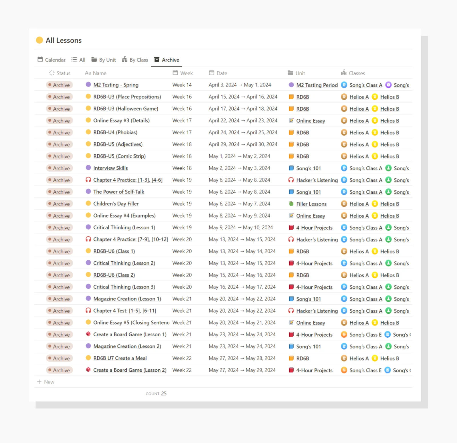 Lesson Archive Example in notion