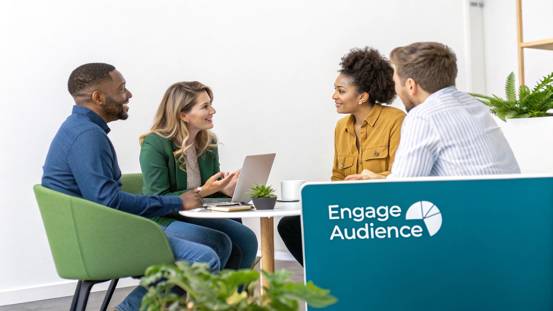 Four diverse professionals having an engaged business meeting around table with laptop and Engage Audience sign
