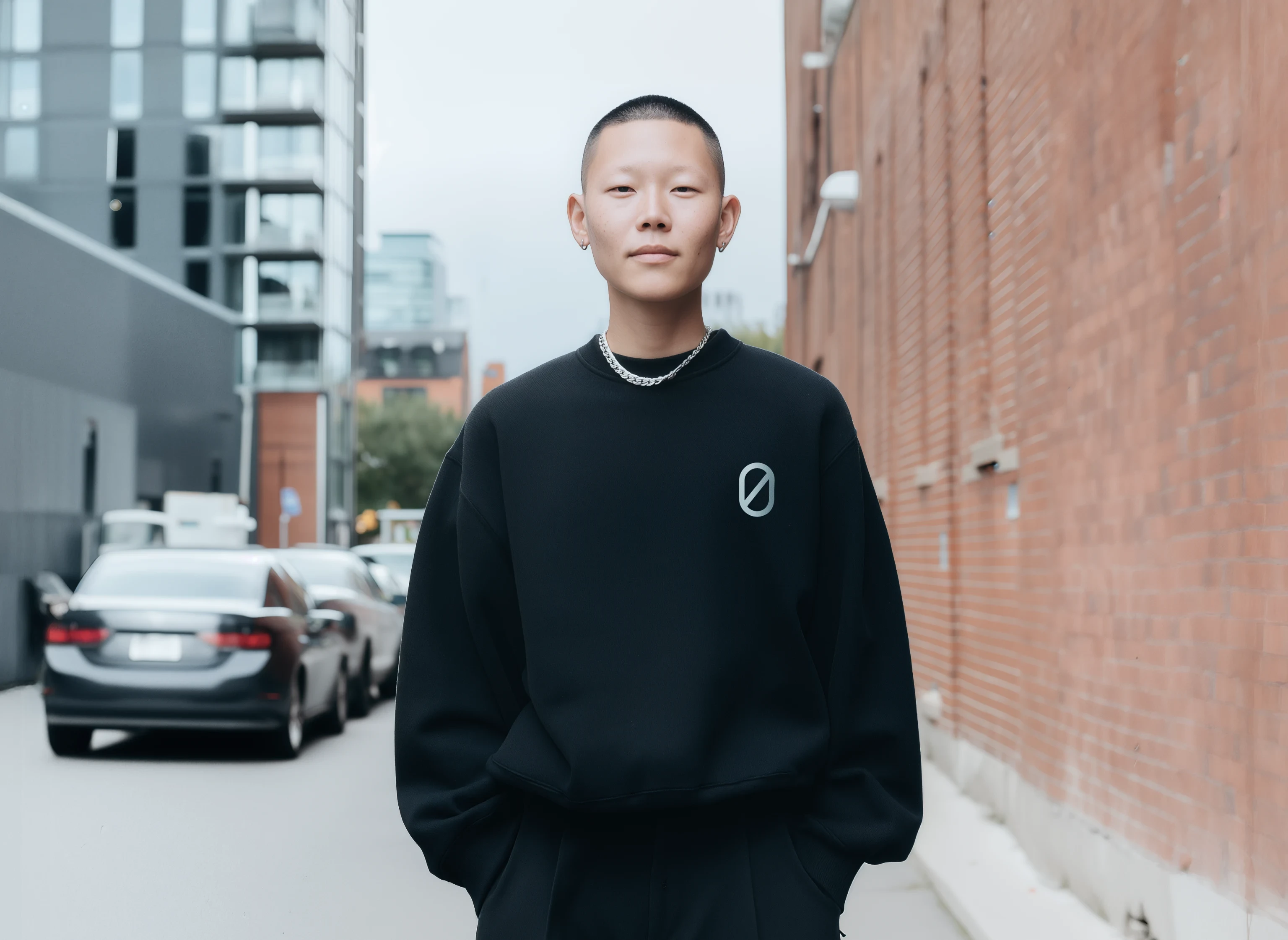 Portrait of a model wearing a black sweatshirt in front of a brick wall in a city street
