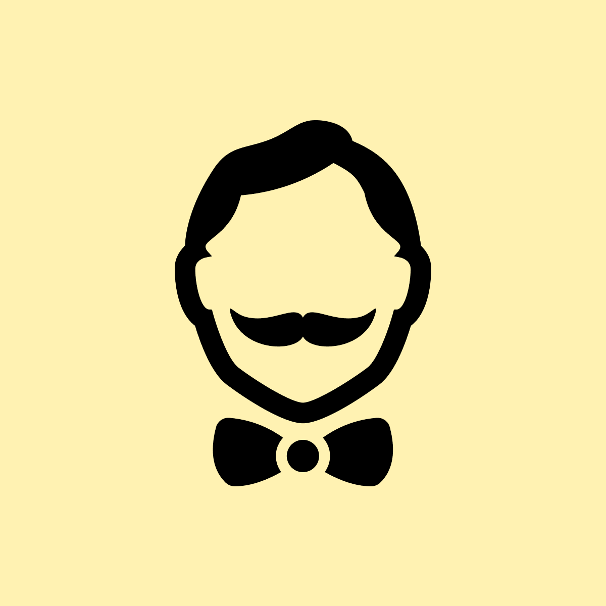 Minimalist icon of a mustachioed man's face wearing a bow tie, in black on a pale yellow background.