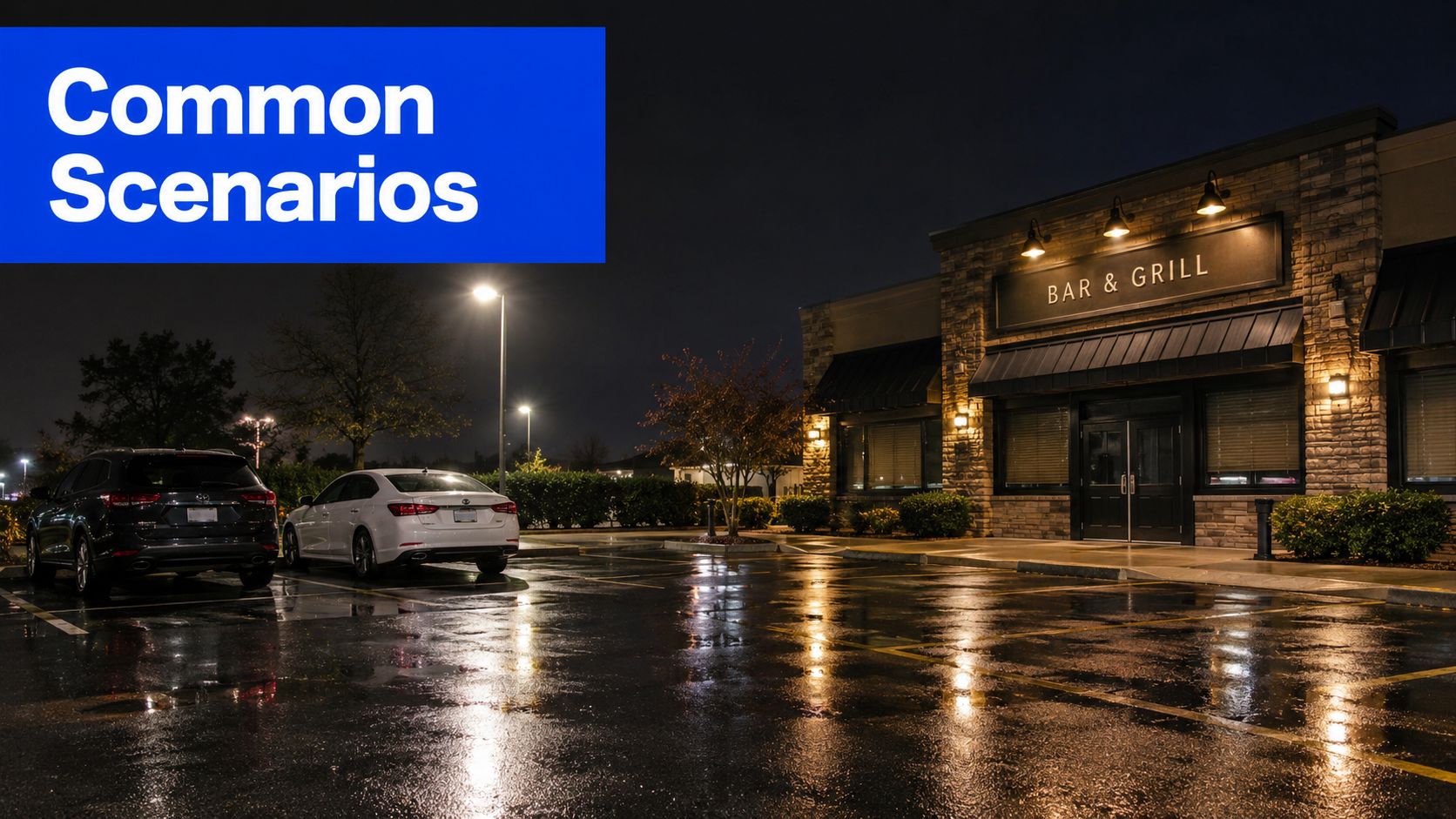 A brightly lit restaurant bar and grill exterior at night with cars parked in a wet parking lot.