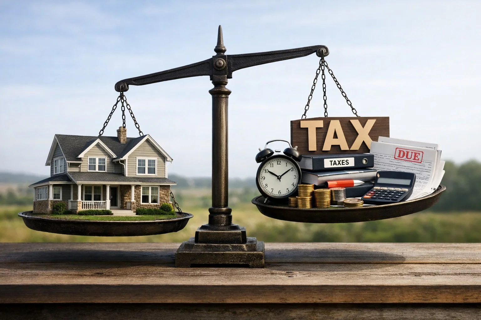House balanced on one side of a scale with tax icons on the other, illustrating how taxes impact transfer decisions.