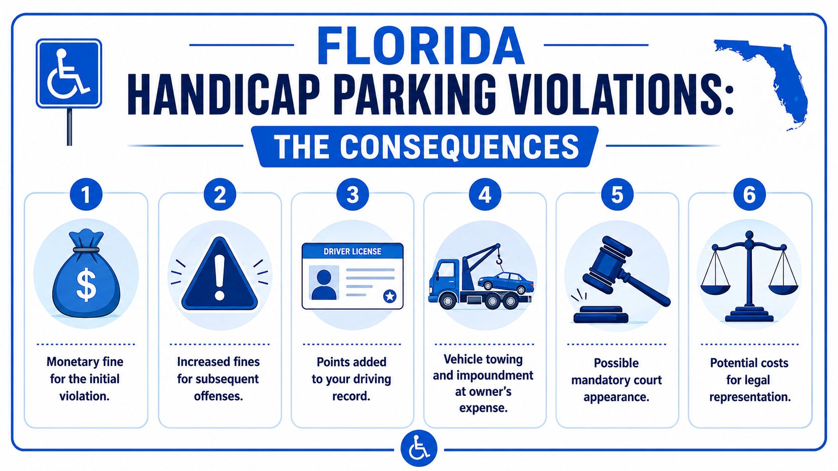 An infographic detailing the six legal consequences of illegal handicap parking violations in Florida.