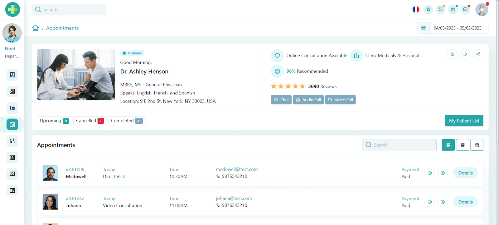 Telehealth performance dashboard showing virtual appointments, provider availability, and patient interactions