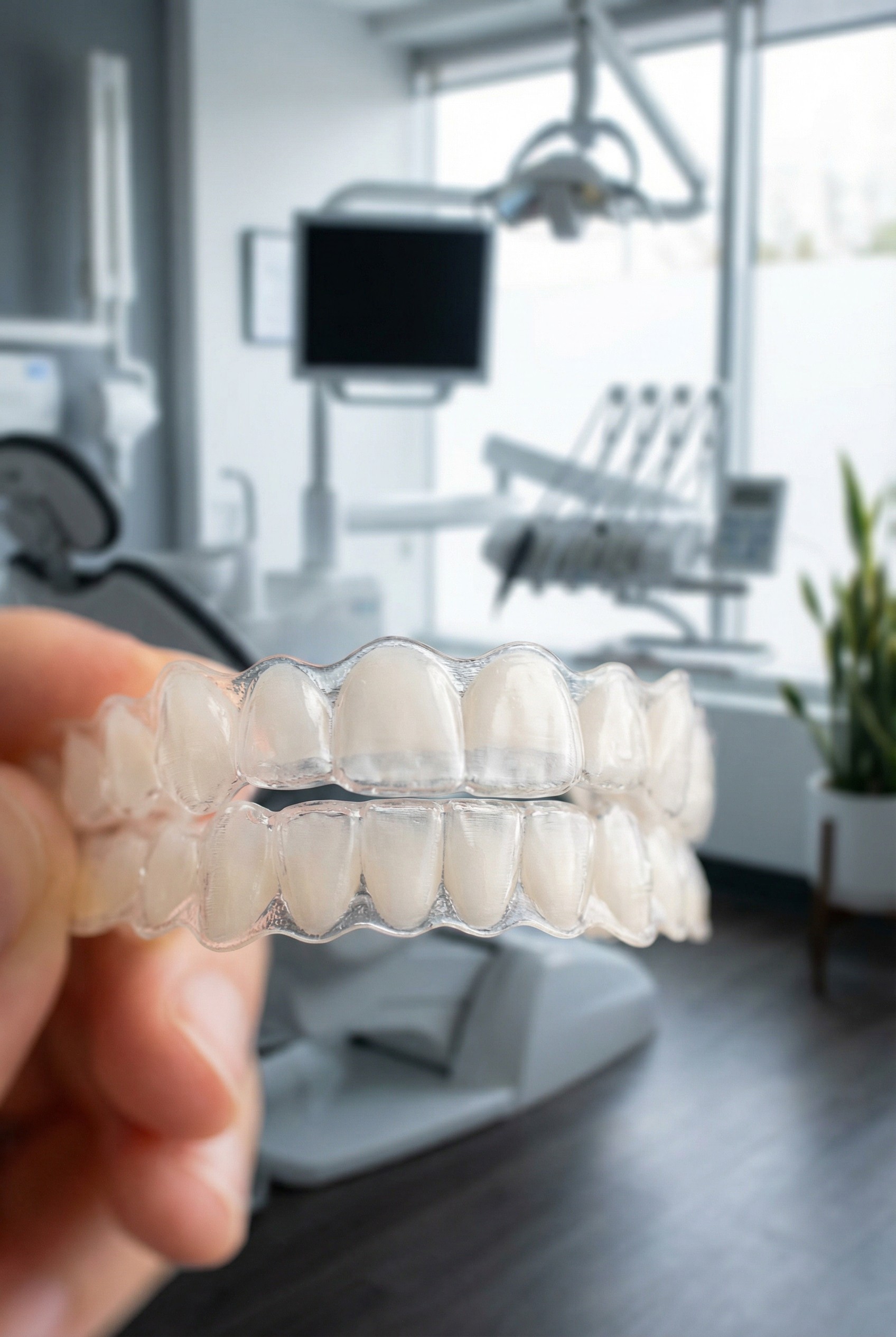 Close-up of clear Invisalign aligner positioned on teeth showing nearly invisible orthodontic treatment for adults