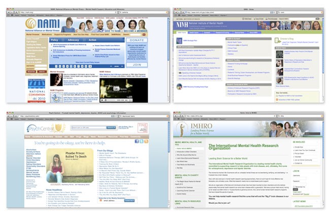 Four computer screens display the National Alliance on Mental Illness (NAMI) website. The top left screen shows the NAMI logo and navigation menu. The top right screen displays the NAMI website’s main content area. The bottom left screen shows a blog post titled “You’re going to be okay, we’re here to help.” The bottom right screen displays a blog post titled “The International Mental Health Research Organization.”
