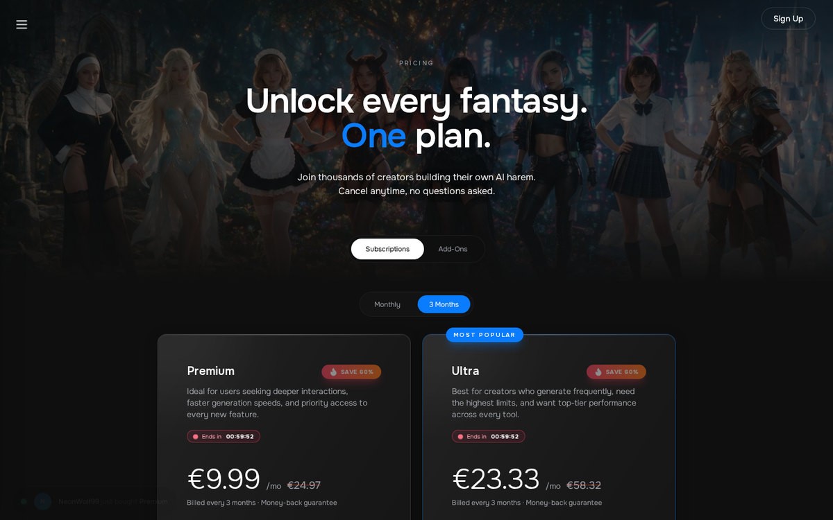 MyBabes’s public pricing page with Premium and Ultra plans in euros, September 2026.