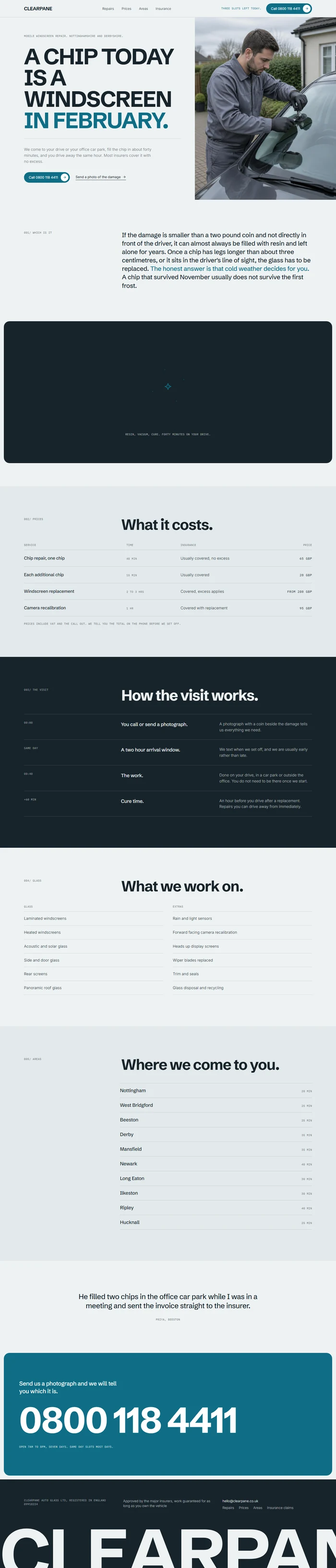 Full page of an AI-generated auto glass website with a split photo hero, chip or crack statement, dark self repairing crack panel, ruled price table, visit timeline, glass index, service area list, customer quote, teal call panel and slate footer