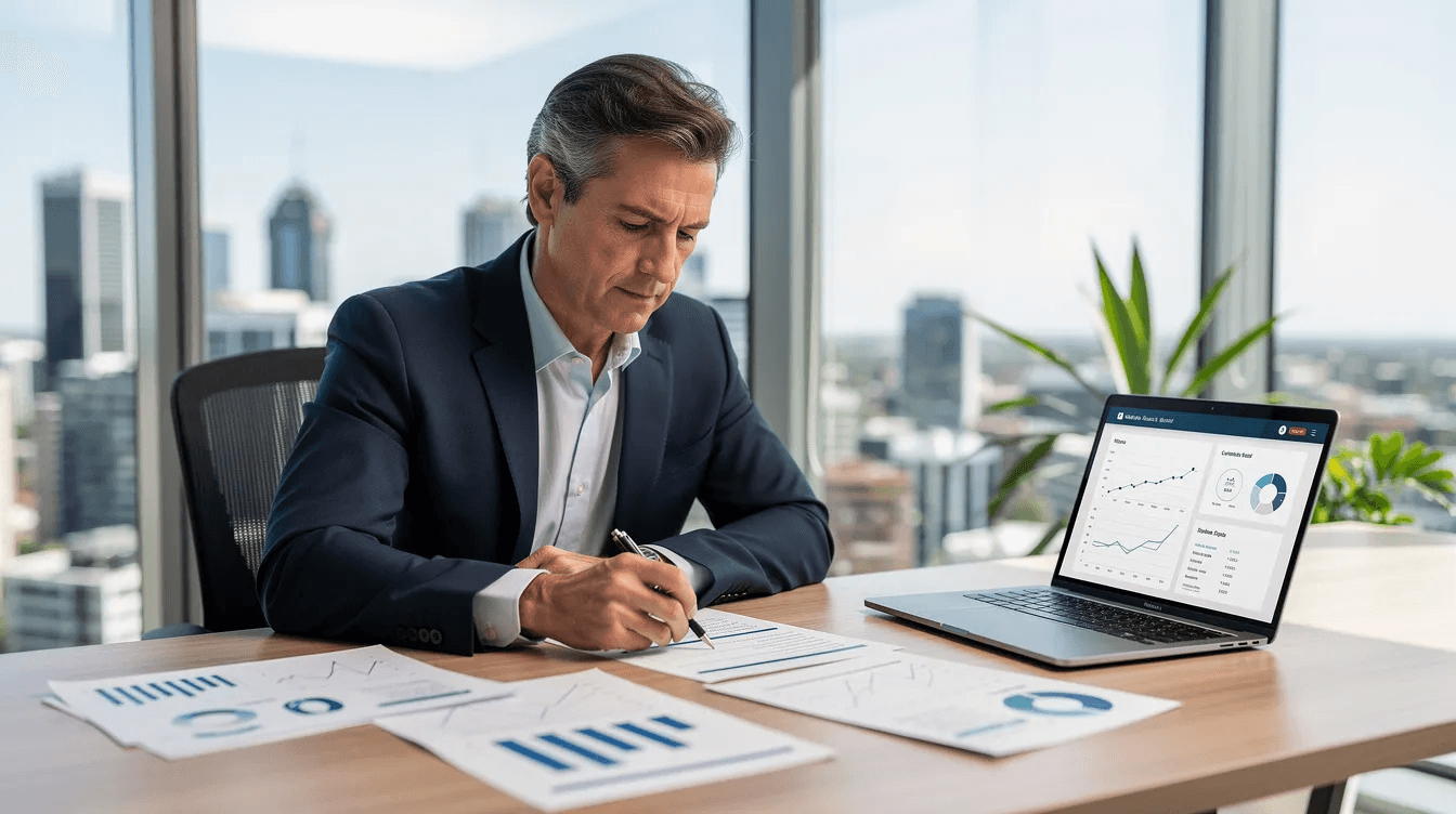 An Australian business owner is seated at a modern office desk, intently reviewing financial documents that likely pertain to various loan options, including business loans and their associated interest rates. The scene reflects a focus on understanding the business's financial health and preparing for potential loan applications to support cash flow and business needs.