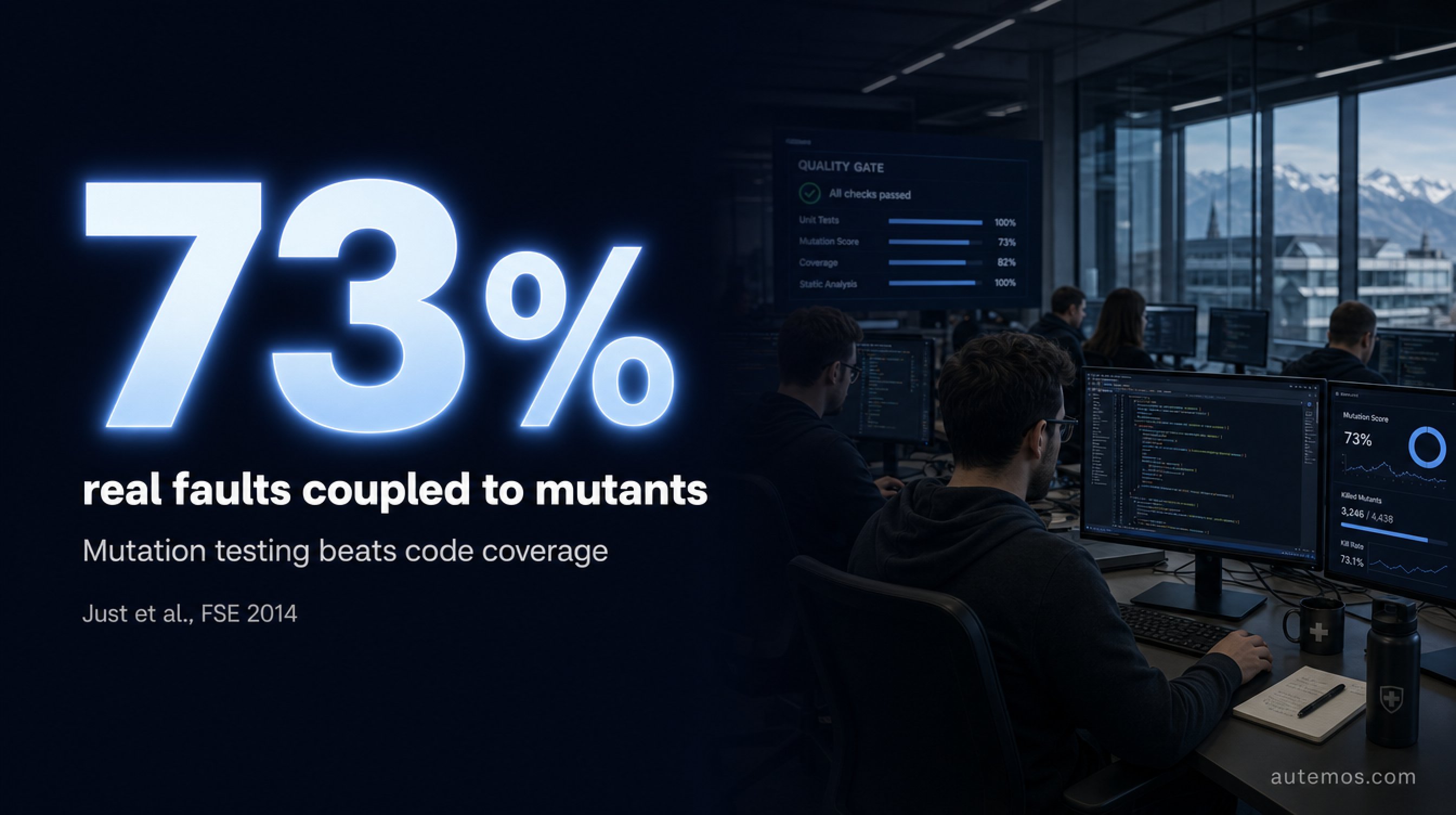 Statistic: 73 percent of real faults were coupled to at least one mutant (Just et al., FSE 2014).