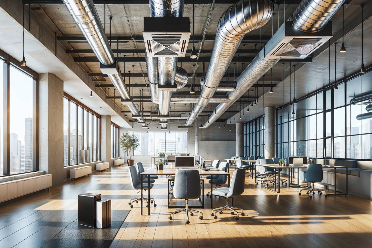 Modern Office in Singapore with exposed HVACs / Ducts as ceiling