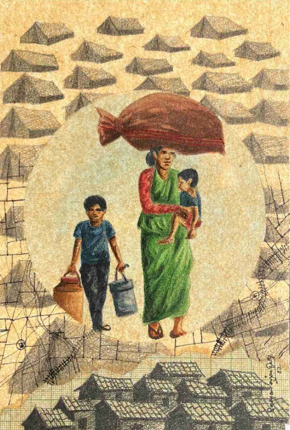 herd of sheep on road painting