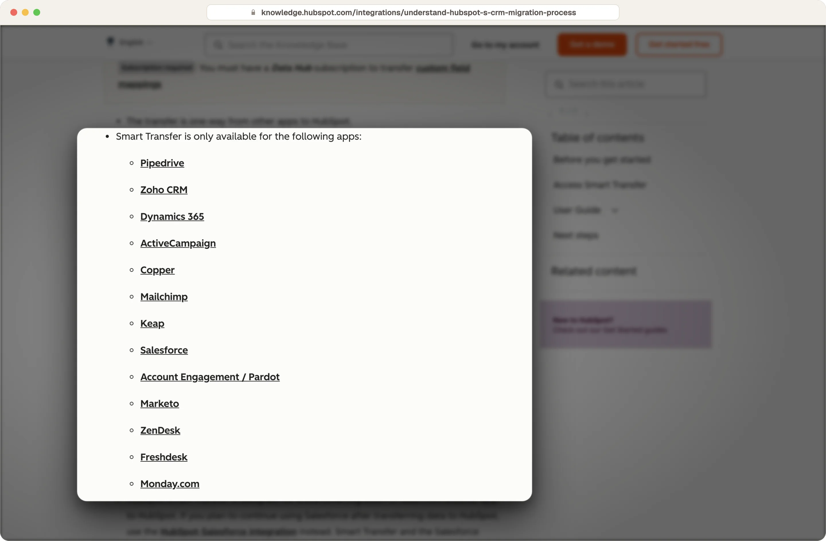 HubSpot knowledge base listing the CRMs and apps Smart Transfer can move data from, highlighted