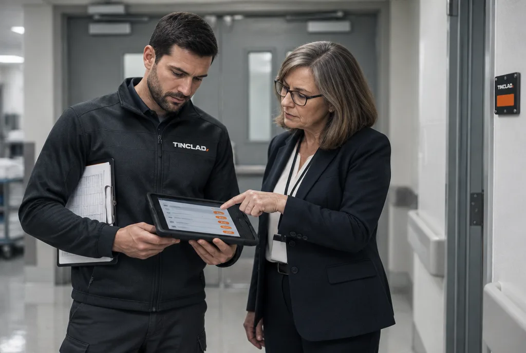 Tinclad technician reviewing an inspection report with a facility director