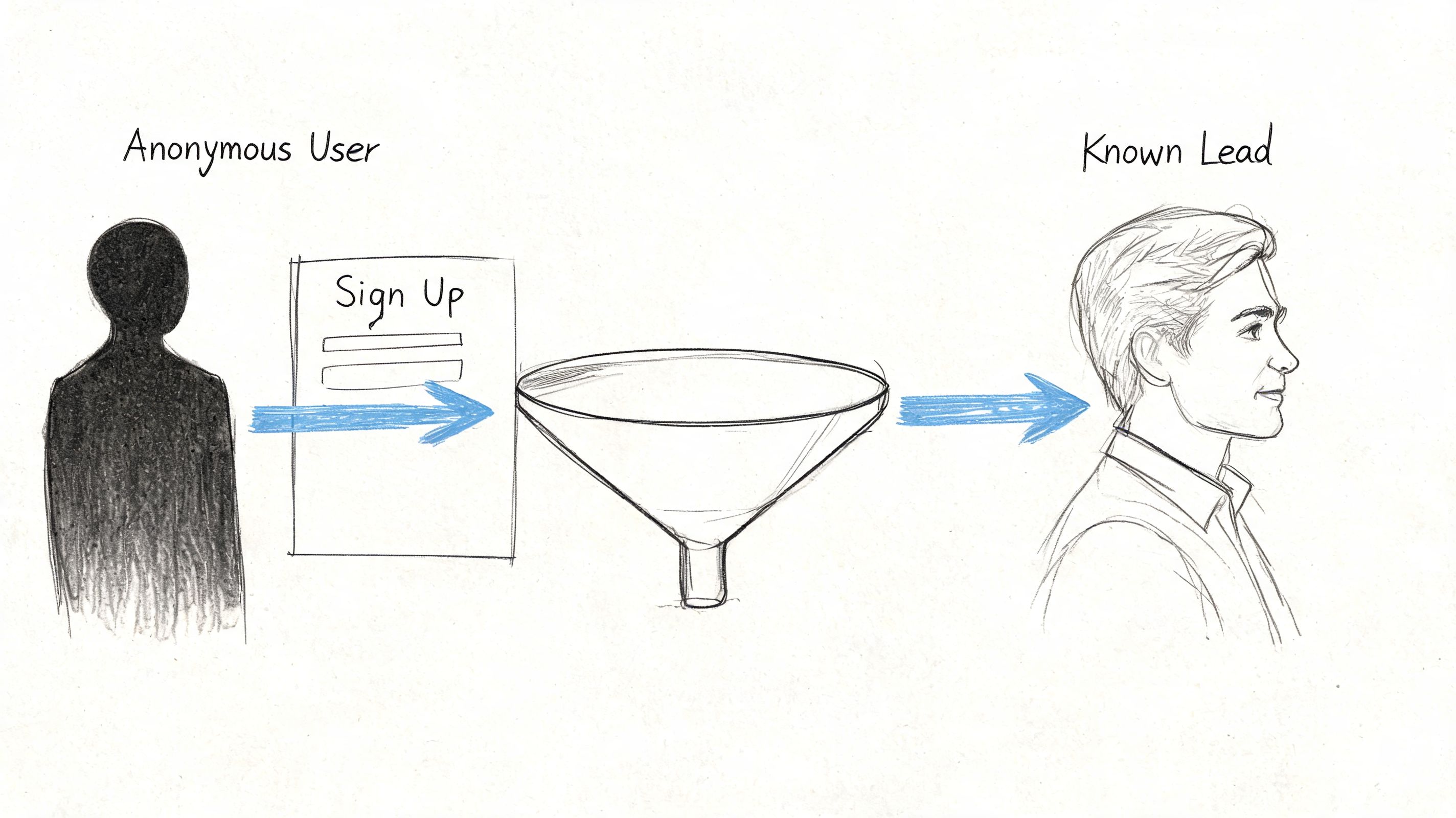 A pencil sketch illustrating a marketing funnel converting an anonymous user into a known lead.
