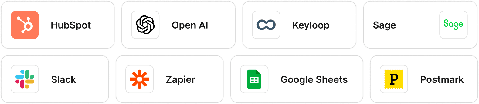 Integration logos including HubSpot OpenAI Slack Zapier and Google Sheets
