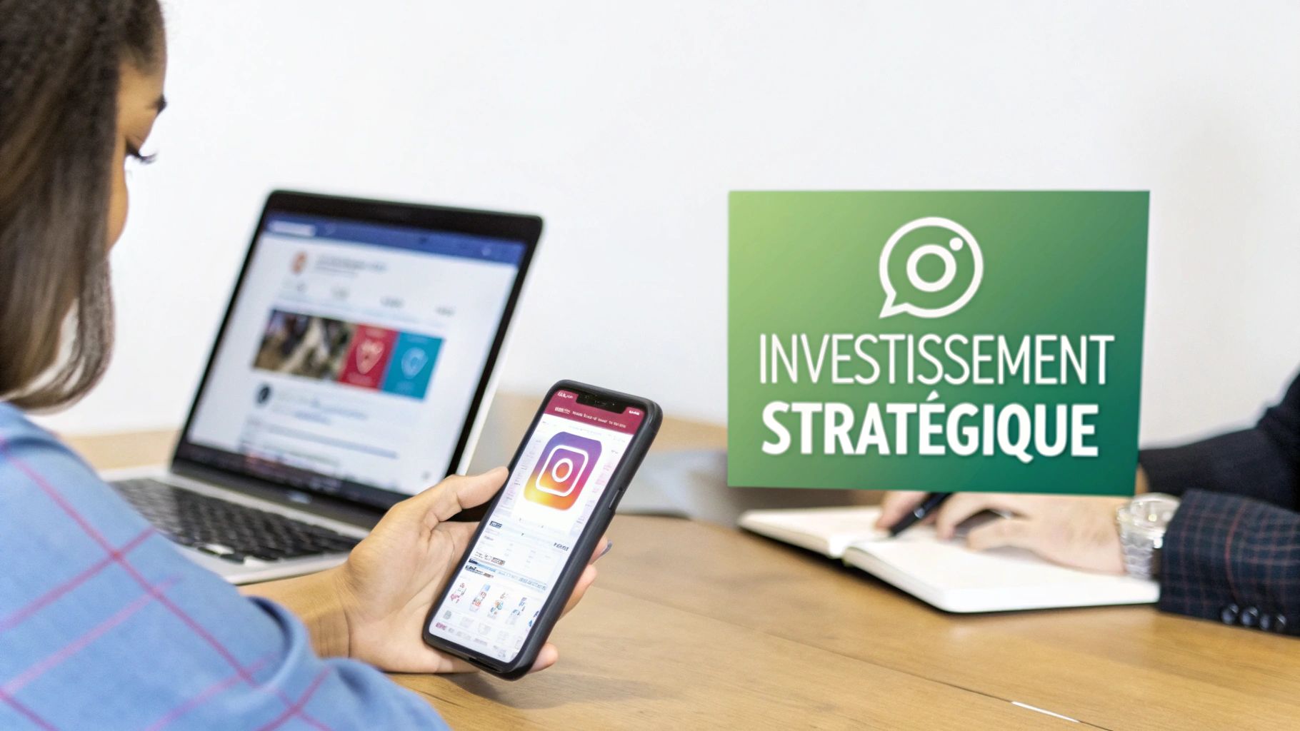 Professionnels gérant Facebook et Instagram sur laptop et smartphone, avec un panneau 