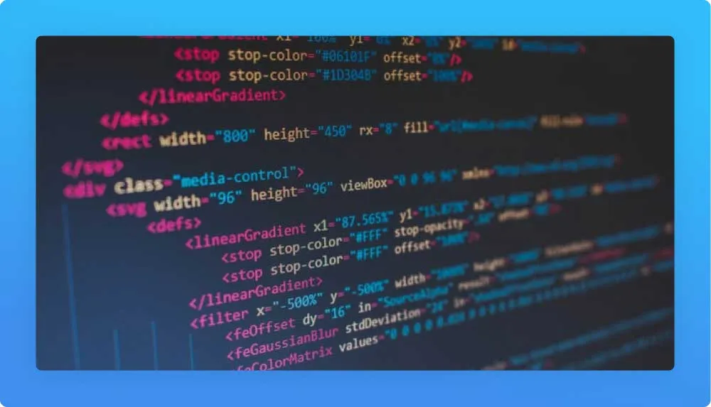 Black screen with code language in pink, mustard and petrol blue