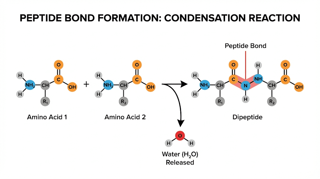 Peptide bond formation diagram showing amino acid condensation and water release