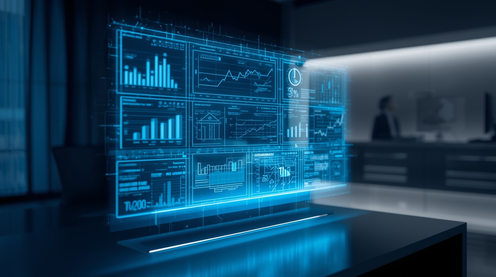 A professional, hyper-realistic digital marketing workspace with holographic pipeline data dashboards