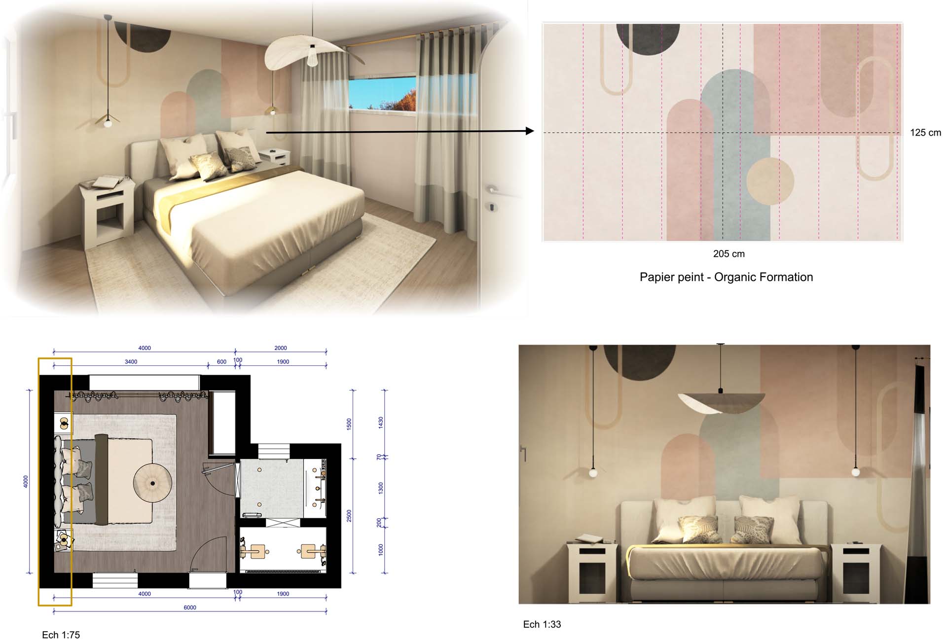 Plan d'architecture de la chambre et de la masion lumineuse et écoresponsable