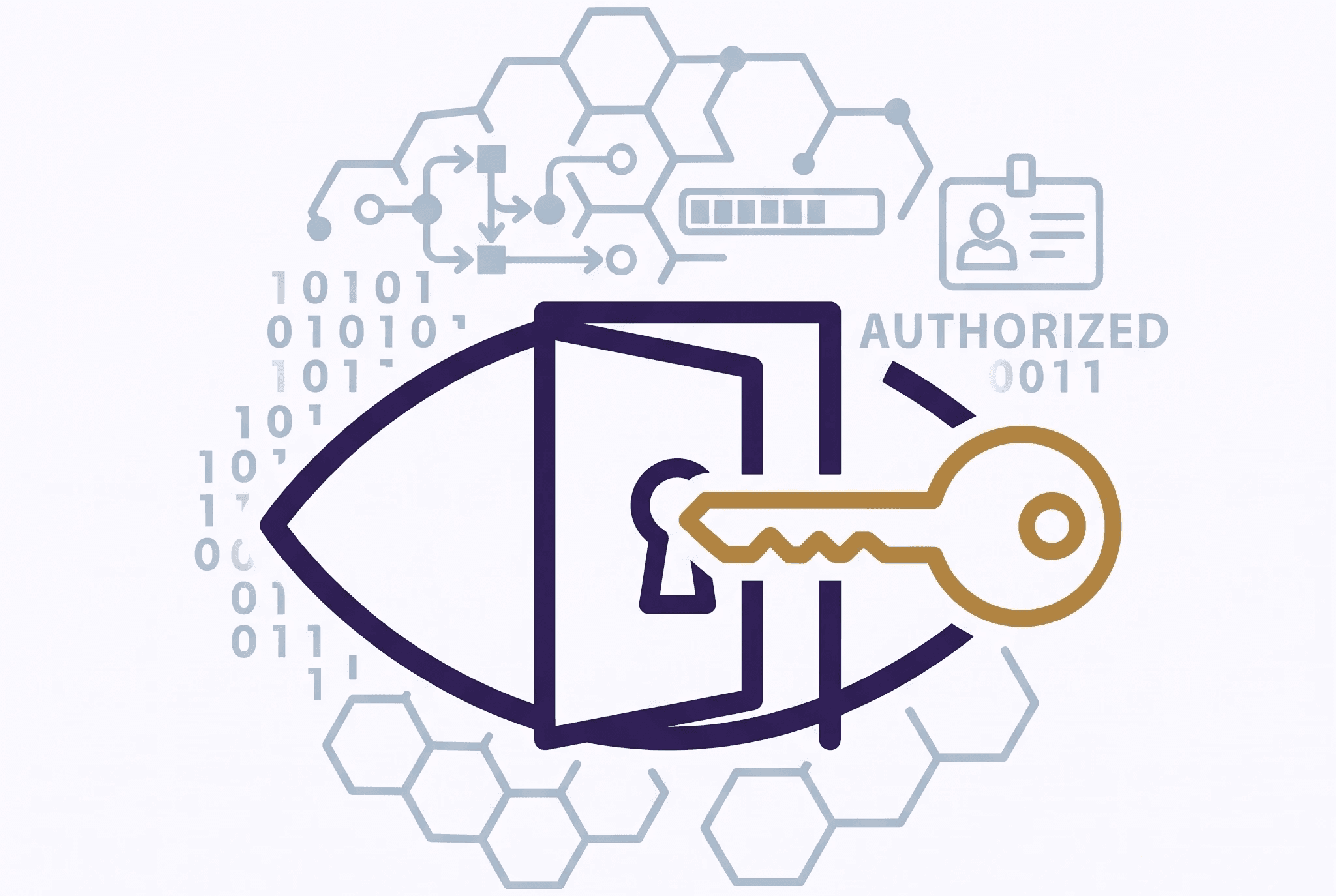 Line-art eye enclosing an open door with a key entering the keyhole, surrounded by binary code, circuitry, and an ID badge above the word "ACCESS".