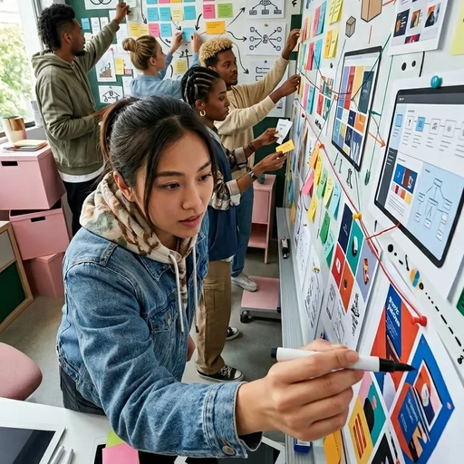 Équipe en plein brainstorming devant un mur de post-its et de schémas, illustrant notre expertise en "Conseil et stratégie de marque" pour la création d'une plateforme de marque et d'une signature unique.