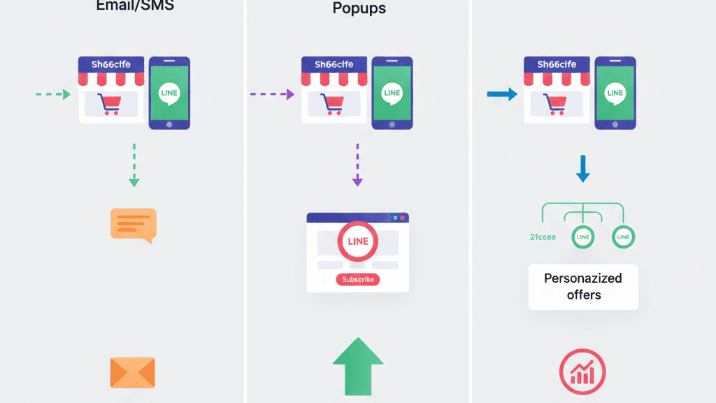 Shopify LINE連携でLINE公式アカウント、LINE ID連携、CRMアプリの違いを比較する図
