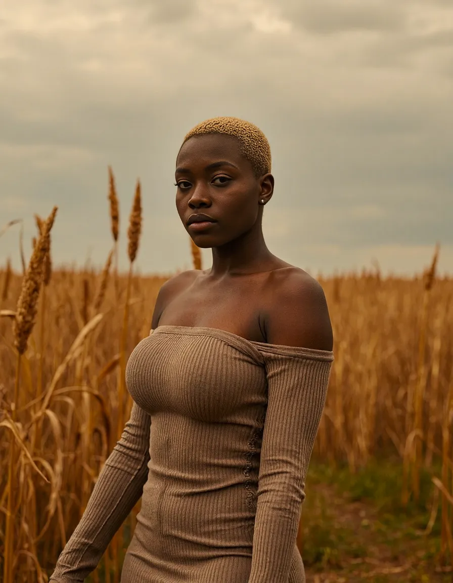 Artistic fashion portrait in golden wheat field under cloudy sky, model wearing earth-toned off-shoulder top matching natural surroundings