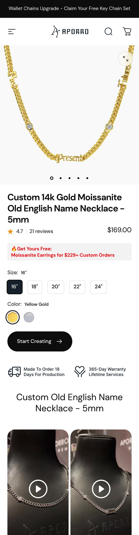 Jewelry product options include: necklace, chain for Custom 14k Gold Moissanite Old English Name Necklace - 5mm from APORRO.