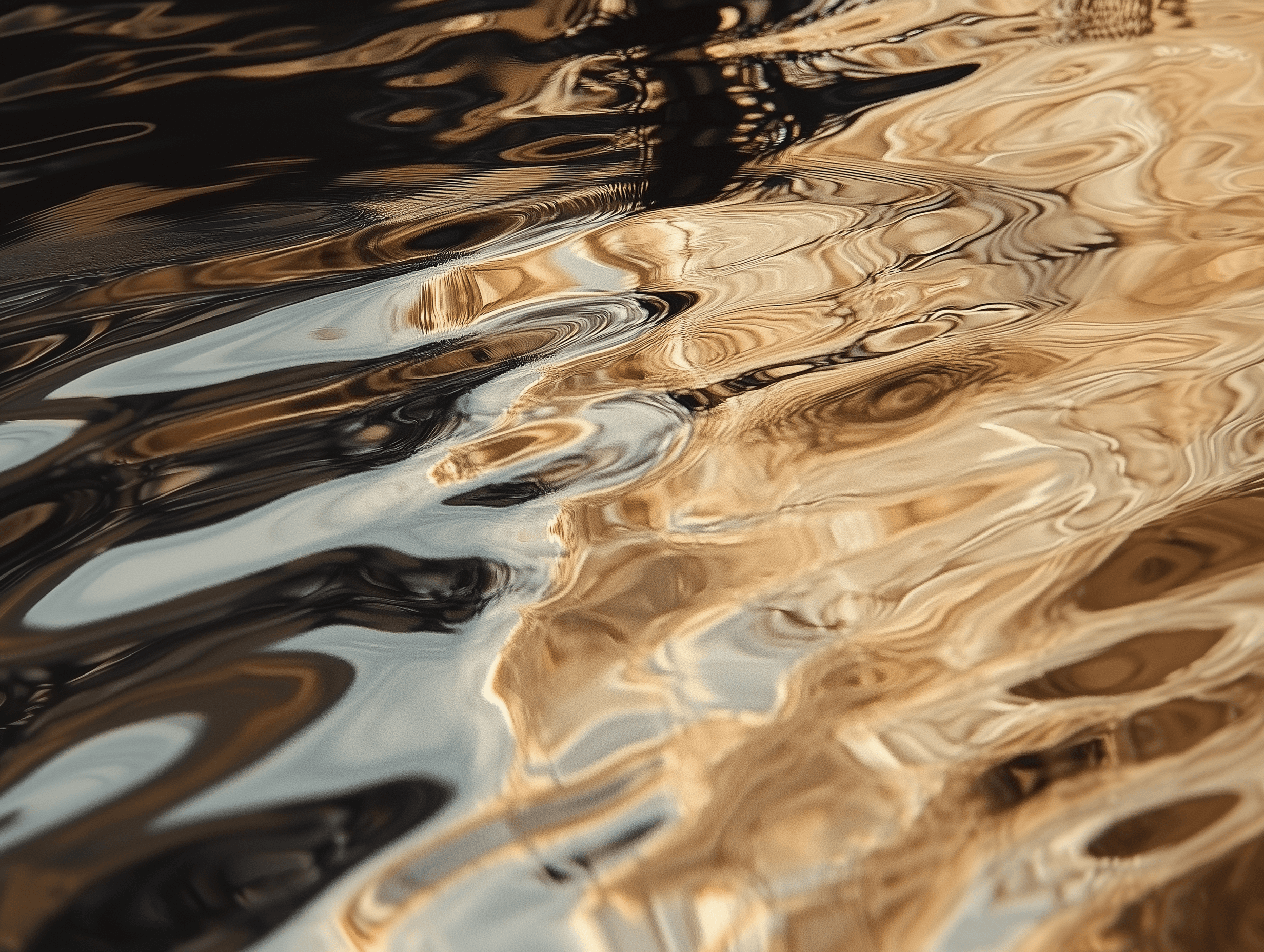 A surreal photograph of the abstract reflection on water, create an abstract pattern. The ripples form intricate patterns on the surface, reflecting earthy tones of brown and beige, resembling an abstract pattern of light and shadow, showcasing intricate patterns and reflections in earthy tones of brown and beige. The focus is set at an angle that captures the play between light and shadow across the surface, showing ripples and patterns in earthy tones of brown and beige   --ar  4:3