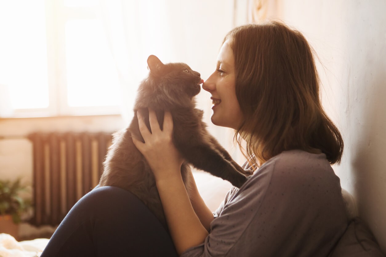 woman holding cat giving her a lick on the nose