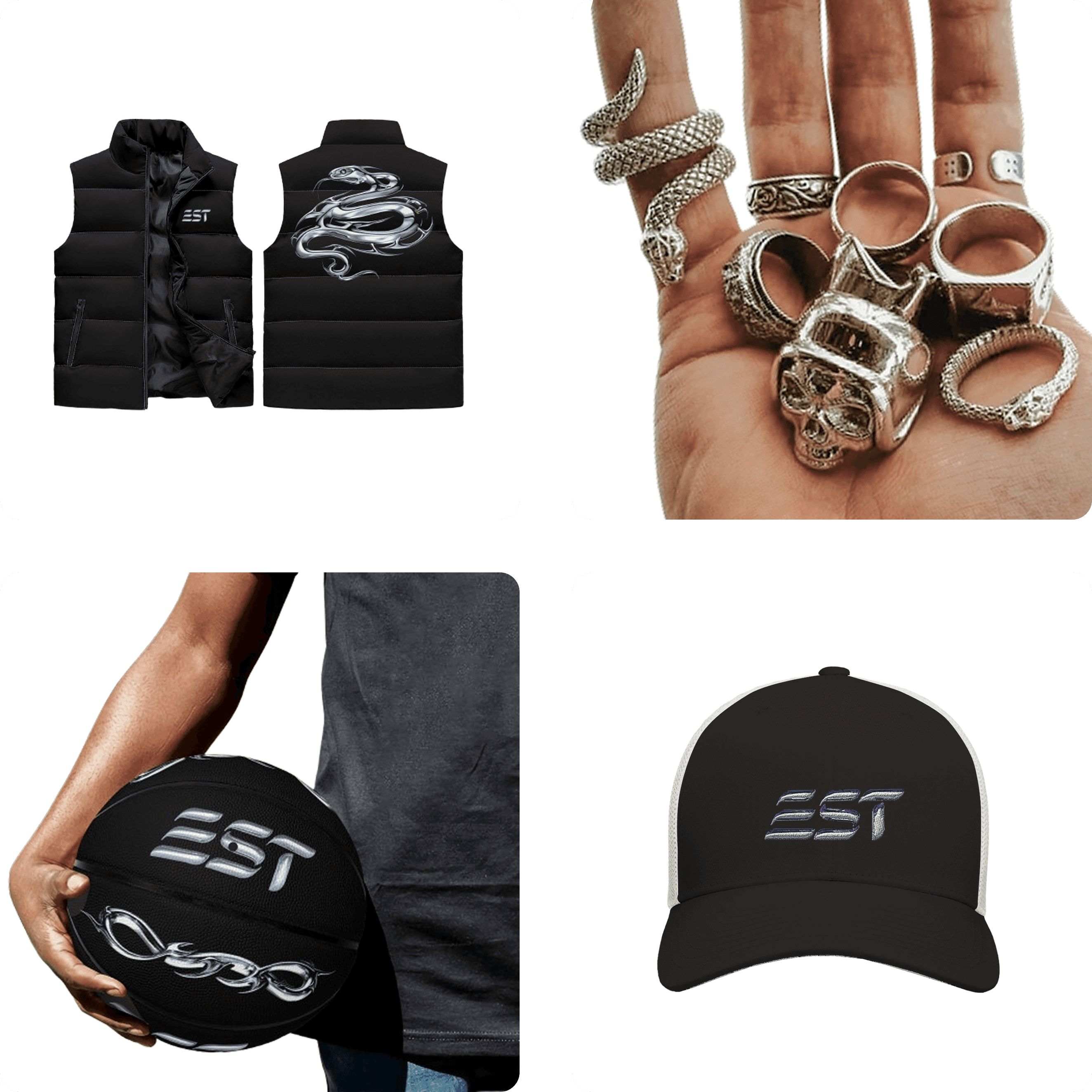 alt="catalog items: puffer vest, basketball, rings, hat"