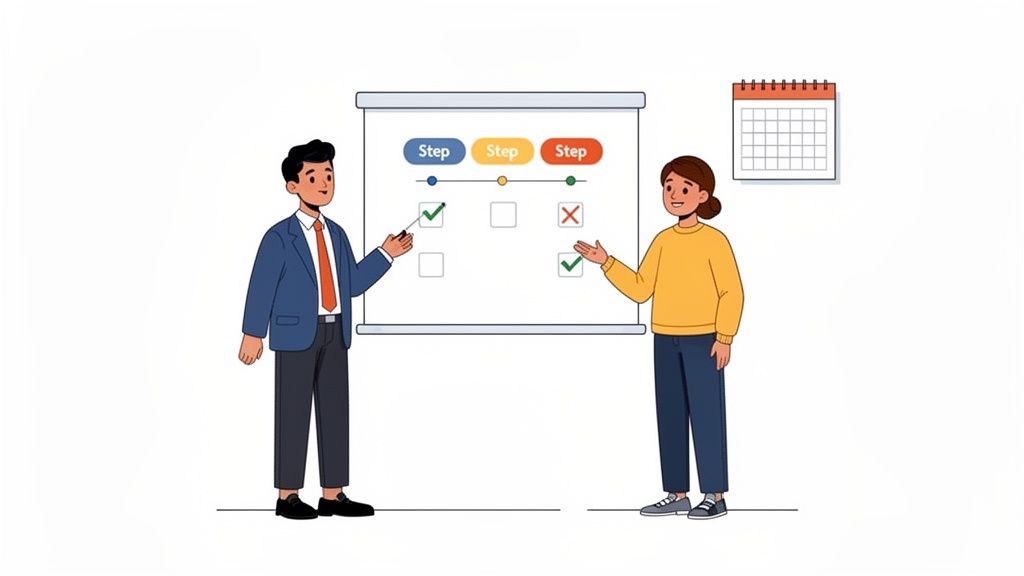 Two people discuss a step-by-step process on a whiteboard, marking progress and reviewing tasks.