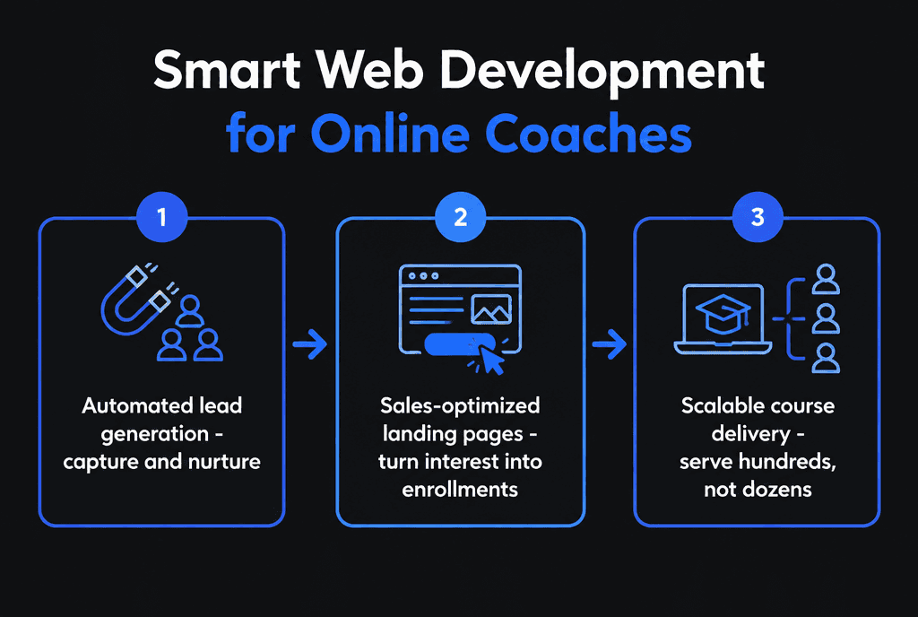 Infographic of smart web development for online coaches: automated lead generation, sales-optimized landing pages and scalable course delivery