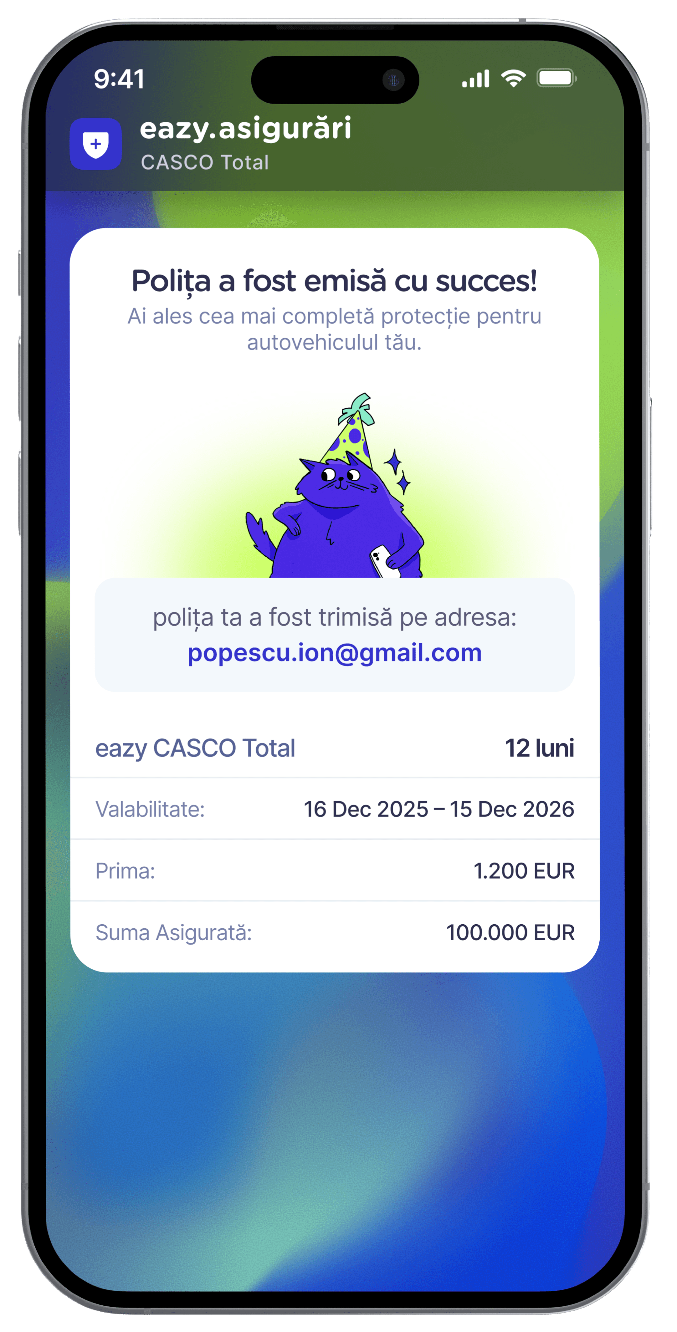 Pasul 4 în aplicația eazy: polița CASCO Total a fost emisă cu succes și trimisă pe email, valabilă 12 luni