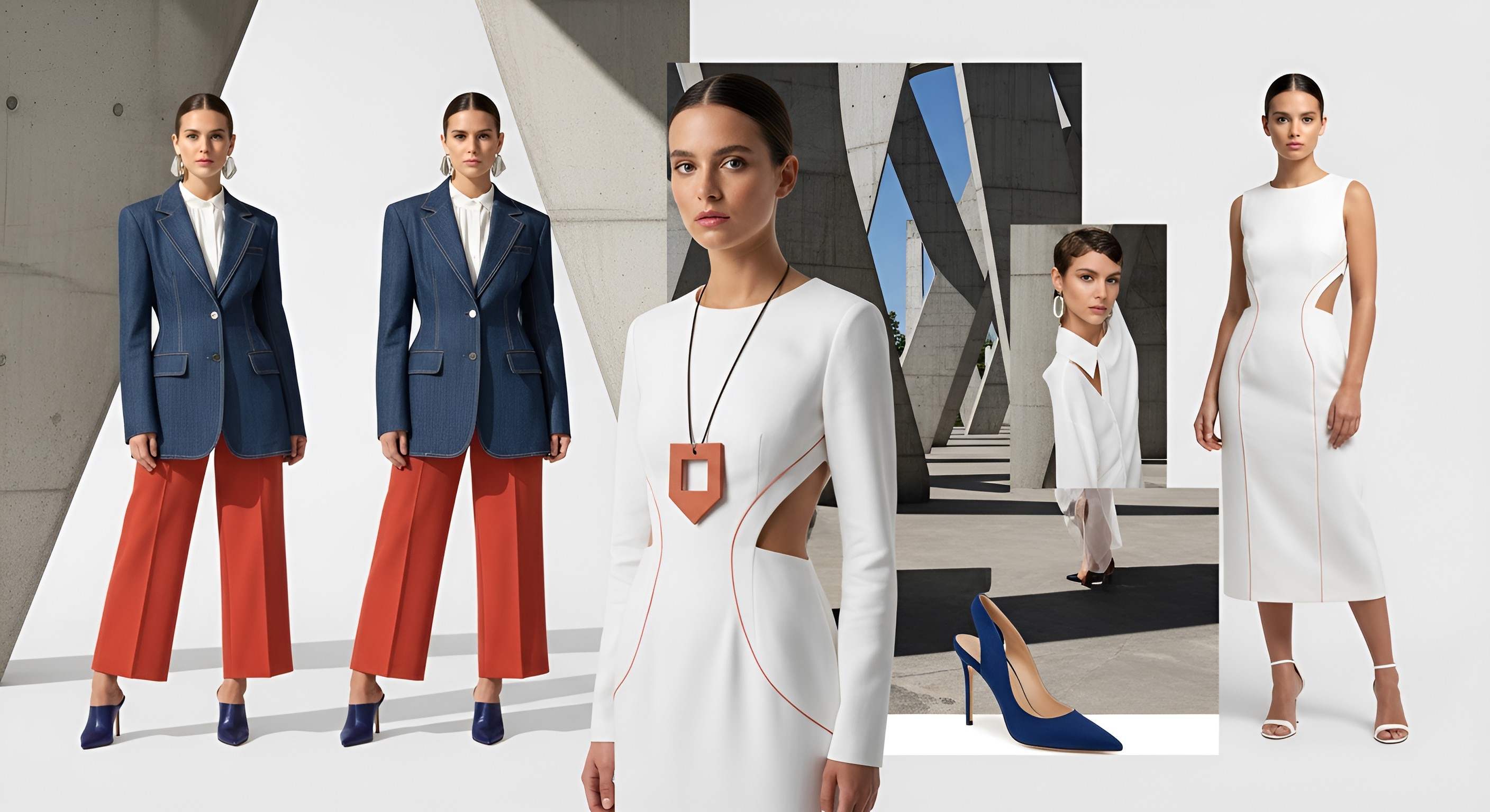 A model wearing a structured, tailored white dress with asymmetrical cutouts, demonstrating high-end pattern engineering and modern feminine silhouettes.