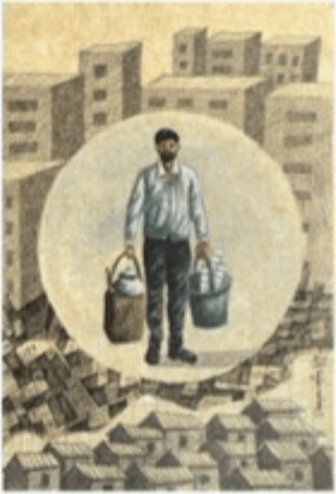 herd of sheep on road painting