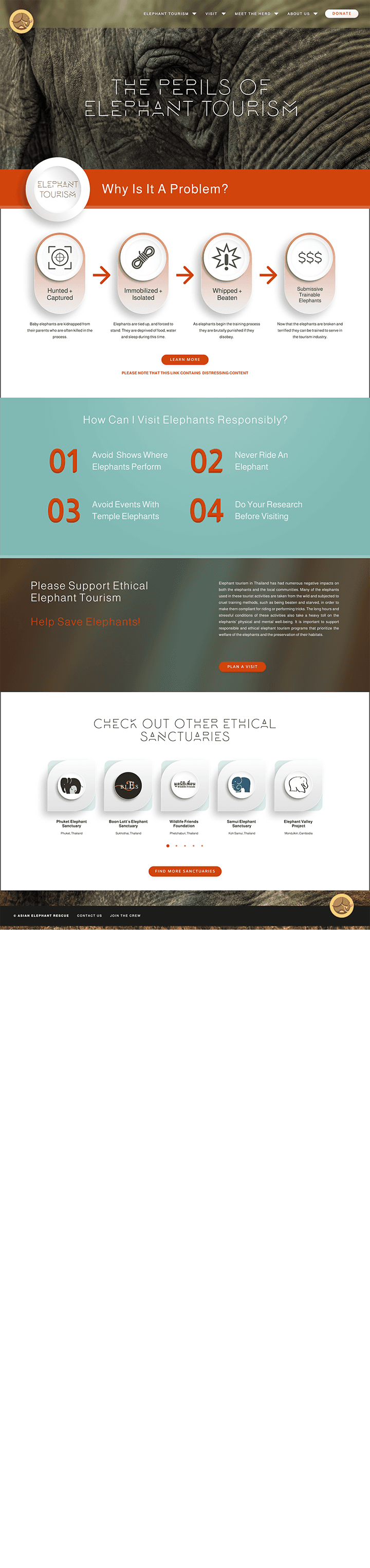 Contents of the 'Elephant Tourism' page: a close-up hero image of an elephant, issue overview, red flags for unethical practices, and a carousel of vetted sanctuaries.