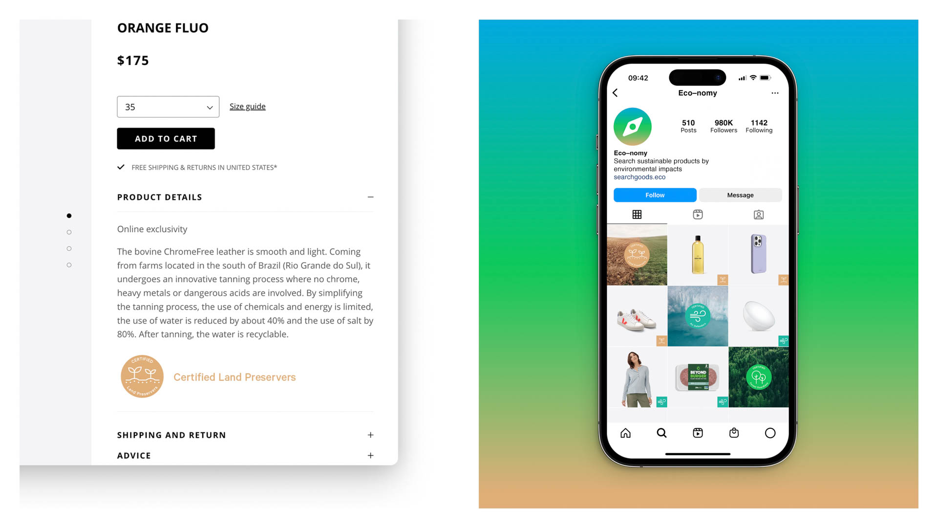 The image shows two distinct screenshots. On the left, a webpage displays product details for "Orange Fluo," including a title, price, size, shipping and return information, and an "Add to Cart" button. The right side shows a smartphone screen displaying the Eco-nomy app. The app interface includes a search bar, posts (510), followers (980K), and a list (1142) of sustainable products from search.eco-nomy. The background of the right side is a gradient transitioning from blue to green to orange.