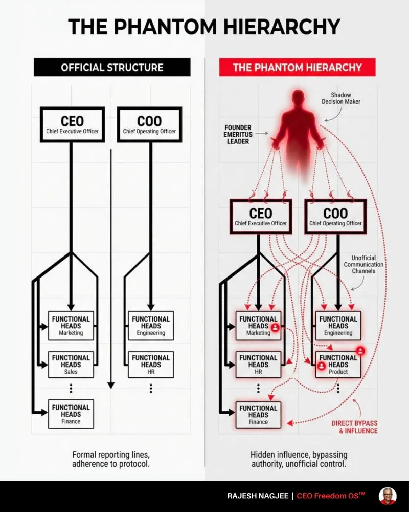 The Phantom Hierarchy: the official org chart shows clean reporting lines; the real structure shows a founder emeritus as shadow decision-maker bypassing the CEO and COO through unofficial communication channels. — Rajesh Nagjee, CEO Freedom OS™