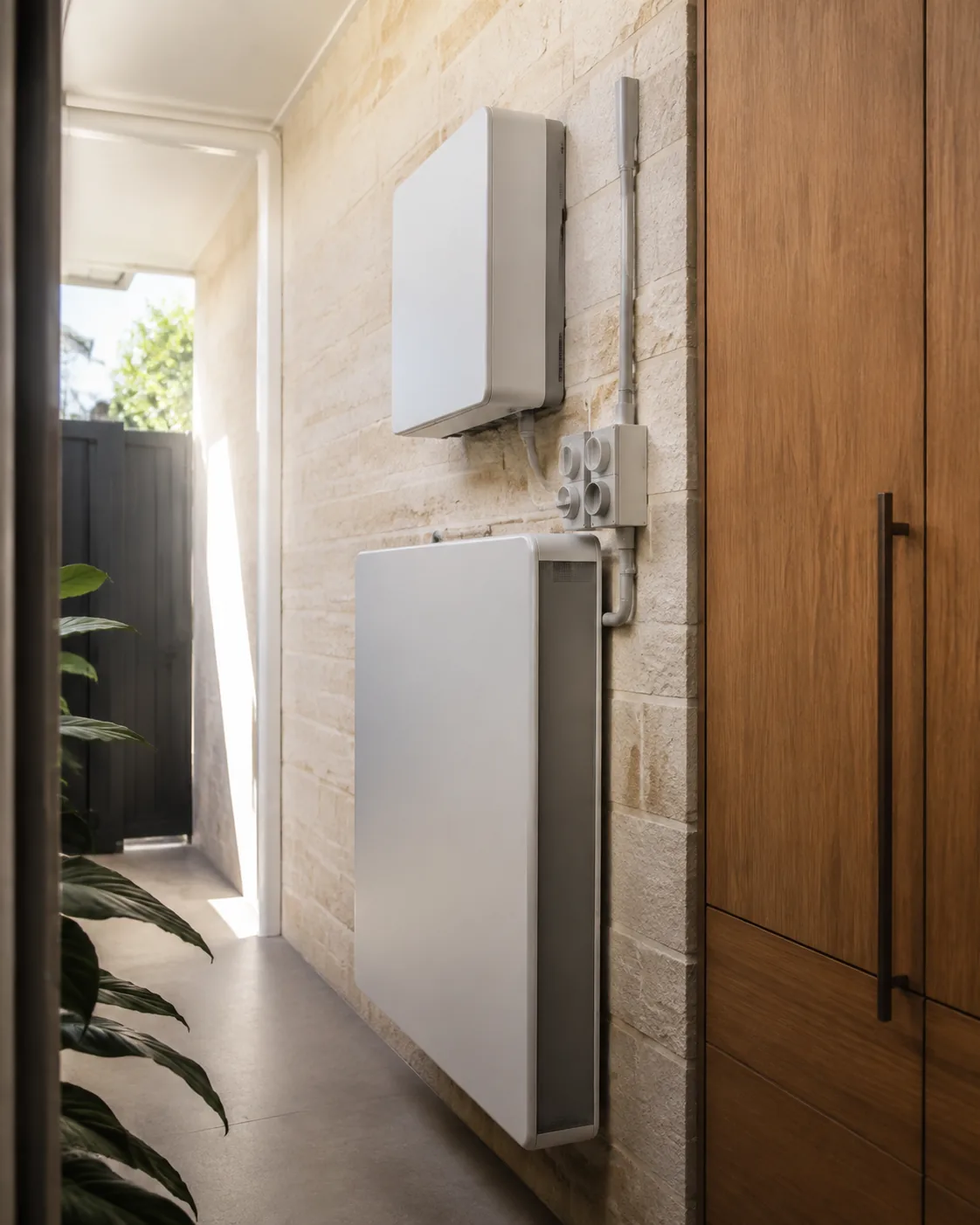 Illustrative residential battery and inverter installation in an architectural utility space