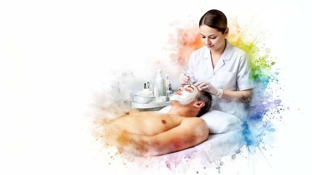 Hombre recibiendo limpieza facial con mascarilla aplicada por esteticista, rodeado de vibrantes salpicaduras de acuarela.