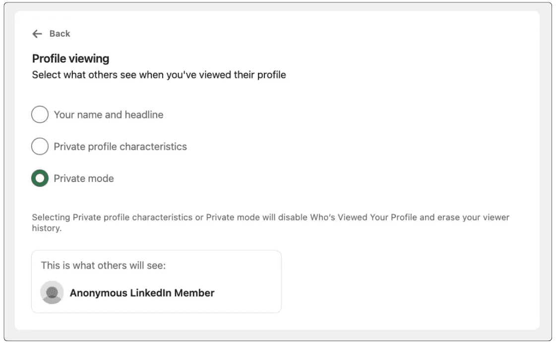 A screenshot showing LinkedIn's profile viewing settings with the "Private Mode" selected